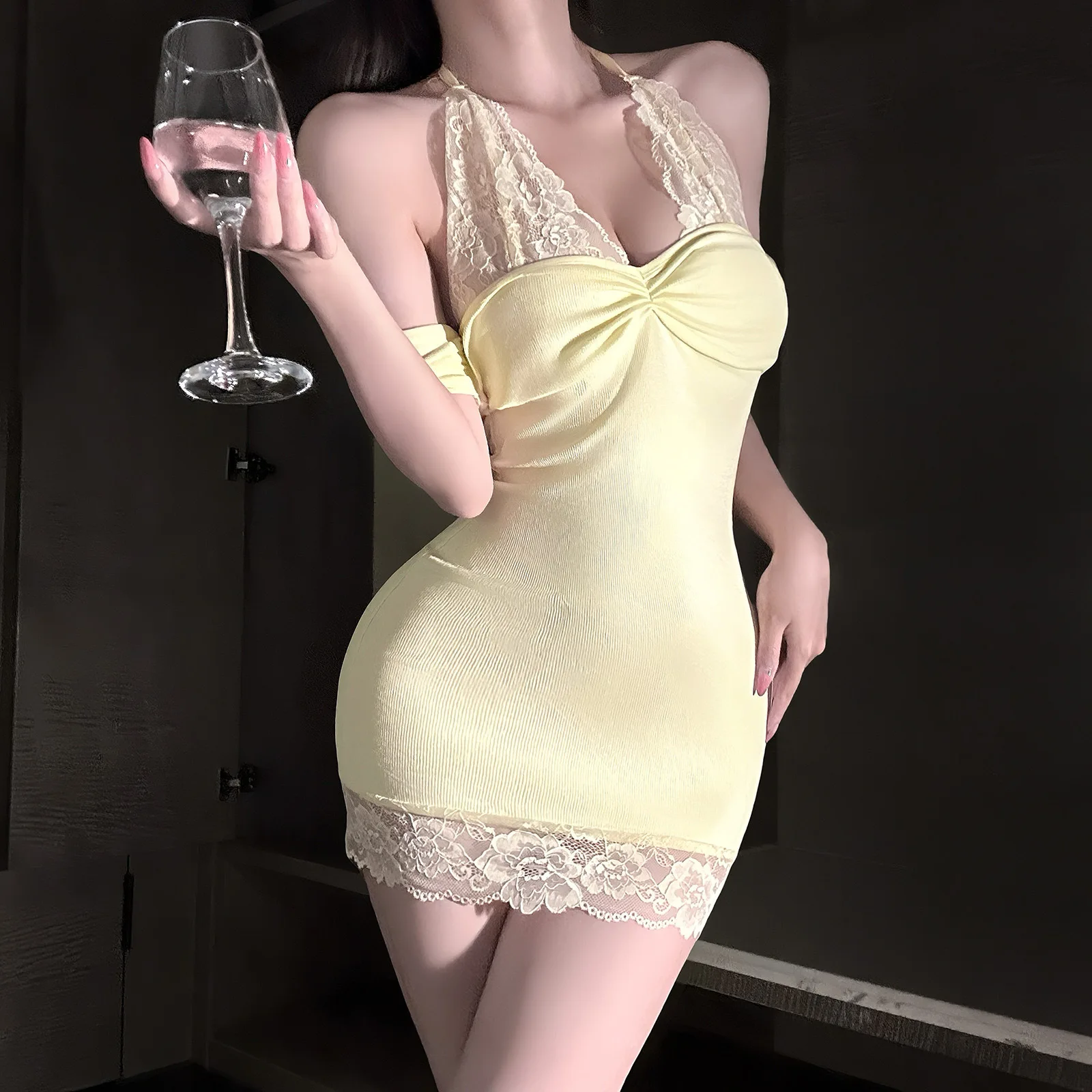 

New Sexy Secretary Tempting Open Chest Halter Bodycon Nightdress Sexy Pure Desire Bare Back Dress Elegant Tank V Mini Dress Tops