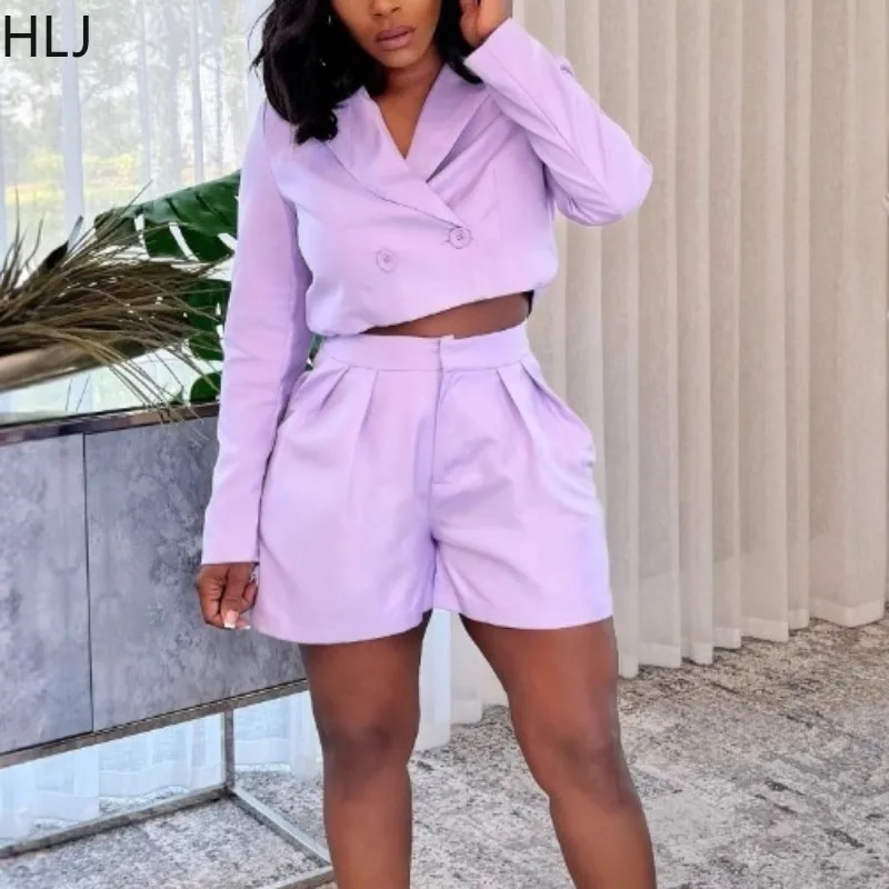 

HLJ Elegant 2 Piece Sets Woman Outfit Solid Color Long Sleeve Crop Top and Shorts Female Streetwear Clothing Summer 2025 New