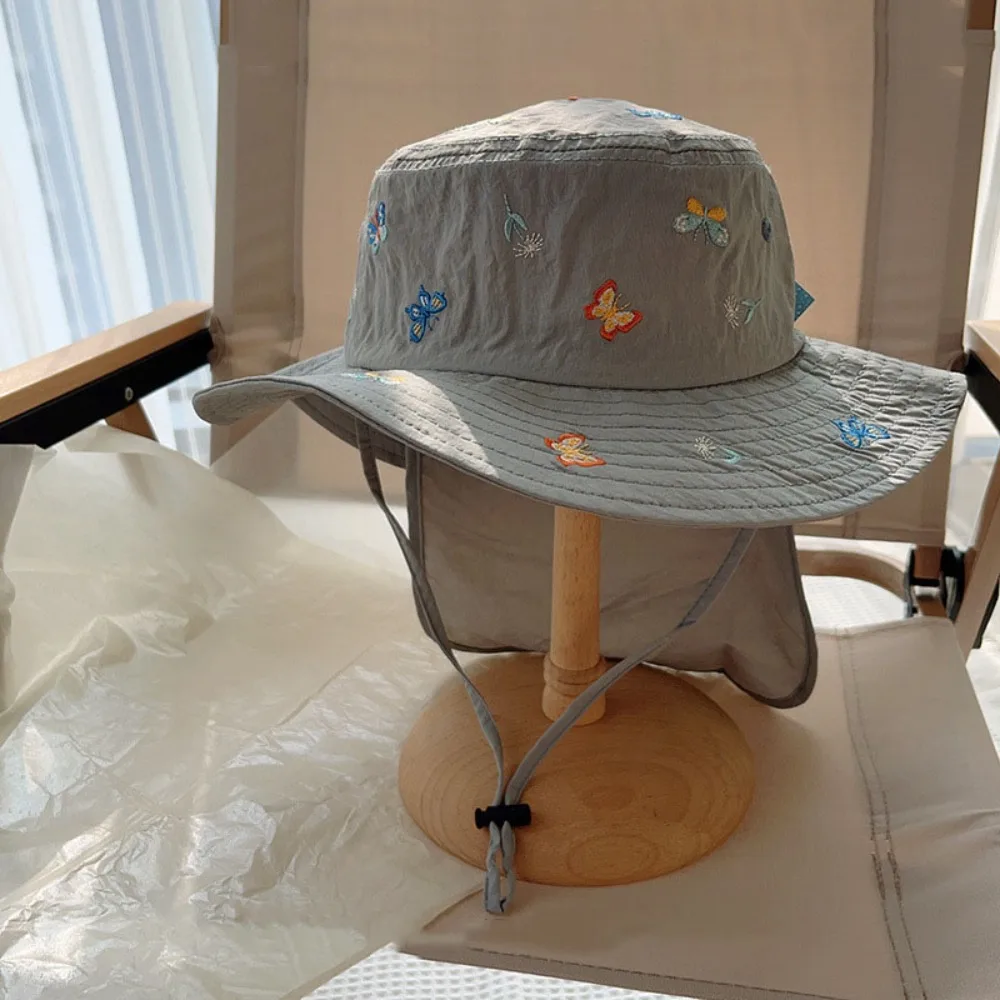 

Fashion Cartoon Embroidery Children Panama Cap Quick-dry Neck Protection Kids Bucket Hat Sunscreen Wide Brim Baby Sun Hat Girls