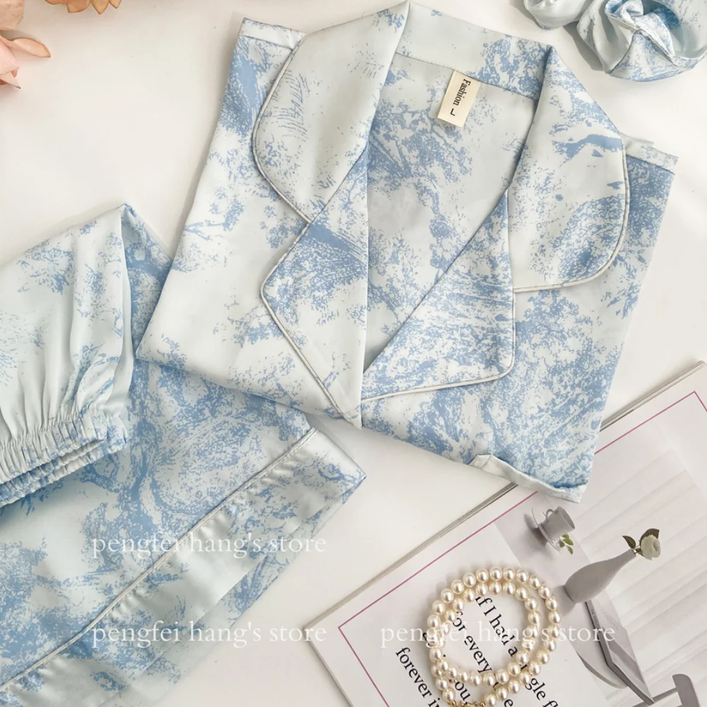 

2Pcs Pajamas Luxury Print Nightwear Women Short Sleeve Shirt&shorts Suit Spring Autumn Ice Silk Home Clothes Loose Nightwear