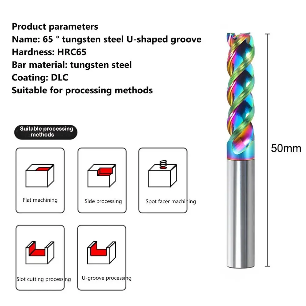 Специальная концевая фреза с ЧПУ HRC65, 3-зубая концевая фреза с U-образным пазом и глянцевым алюминиевым металлом, цветная концевая фреза