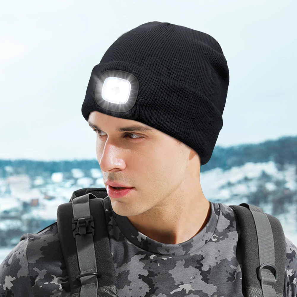 Unisex LED Beanie USB Rechargeable Winter Hat with Three Brightness Settings for Outdoor Activities and Nighttime Use