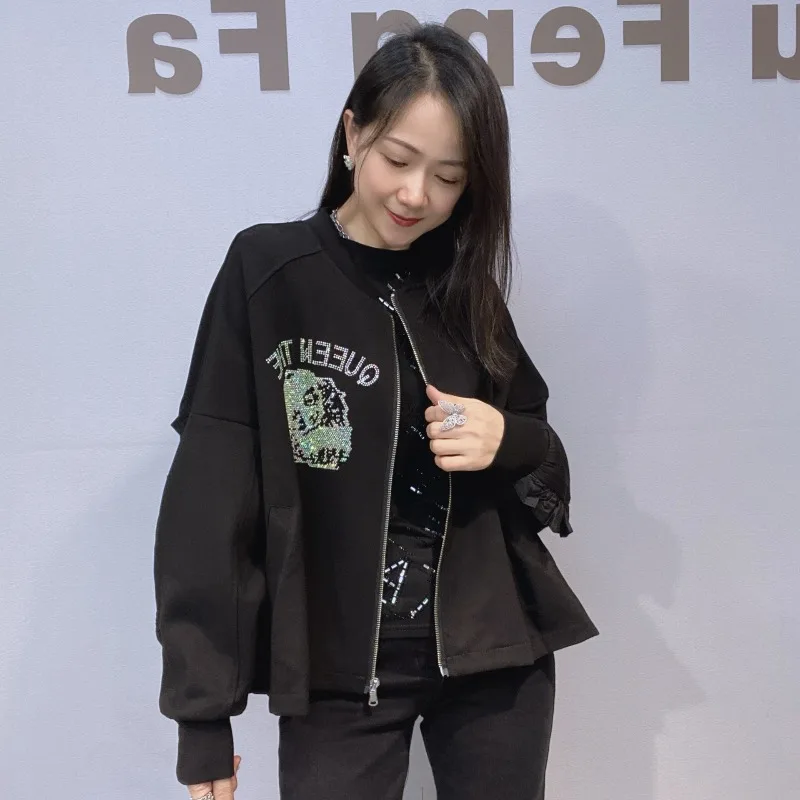 Women's Clothing Ruffled Rhinestone Oversized Cardigan Zipper Jacket Women's Autumn Winter Batwing Sleeves Black Versatile Coat