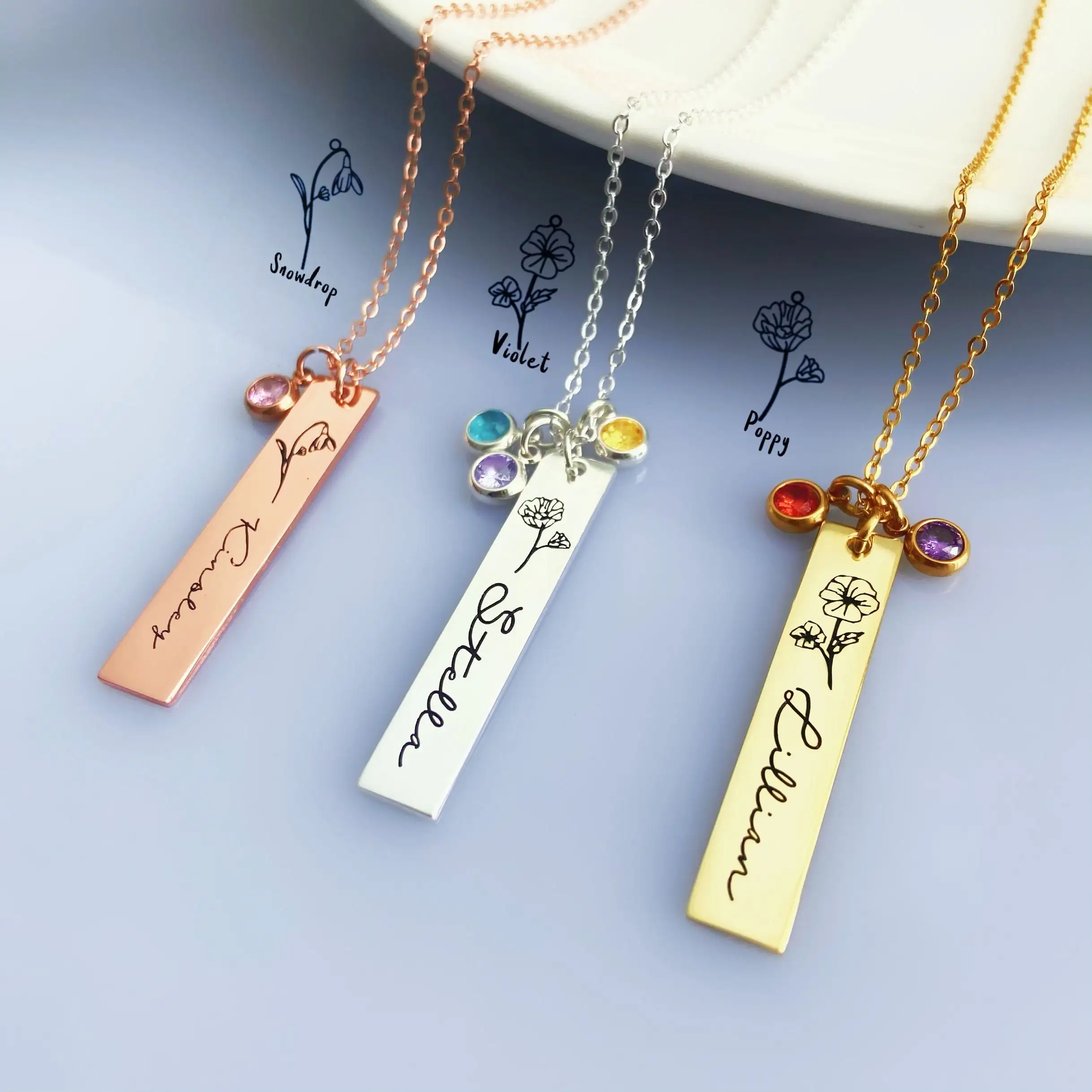 

Personalized Name Necklace Women's Customized Stainless Steel Birthday Stone Necklace - Carved Birthday Flower Jewelry Gift