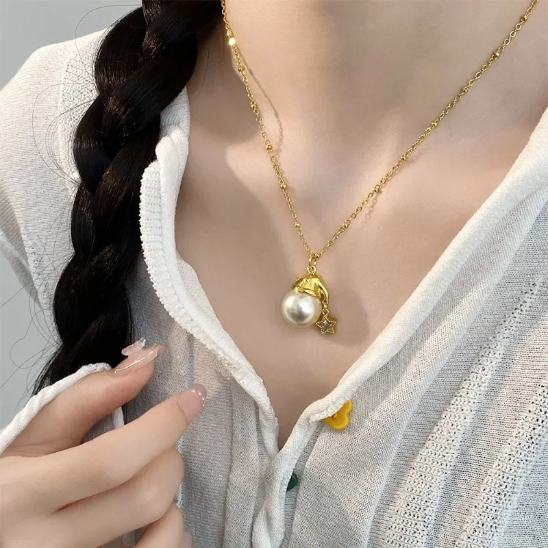 

S925 Sterling Silver Star Geometric Bell Pendant Pearl Christmas Hat Necklaces for Women Fine Jewelry Minimalist Accessories