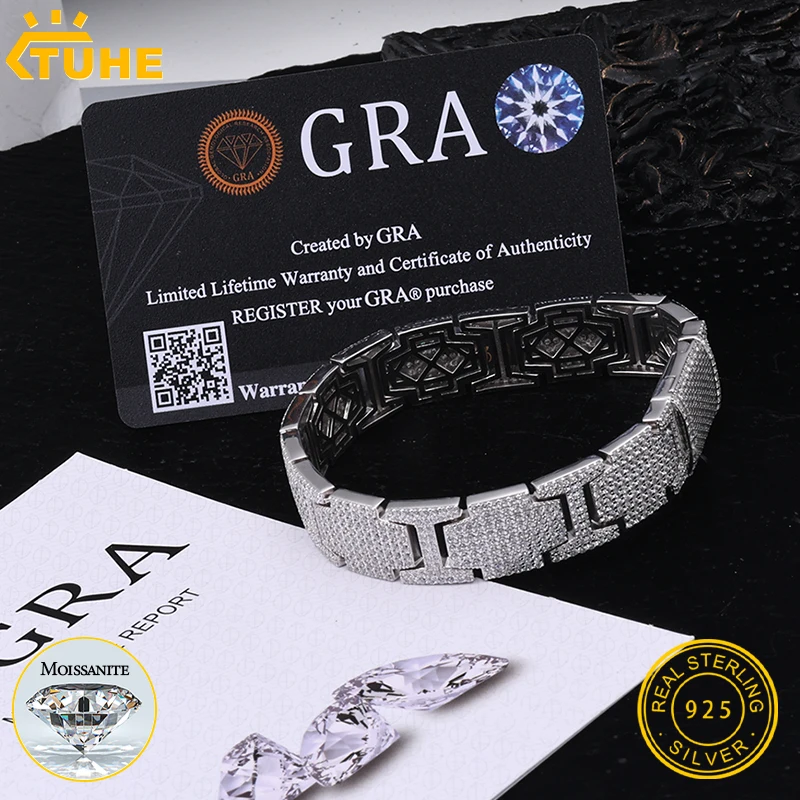 Tuhe alta qualidade unissex vvs1 d cor moissanite relógio corrente cubana pulseira s925 prata para homens hip hop jóias