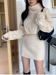 Winter Fashion New Women's South Korea Dongdaemun Knitted Sexy Short Skirt Set High Collar Warm Bag Hip Skirt Two Piece Set