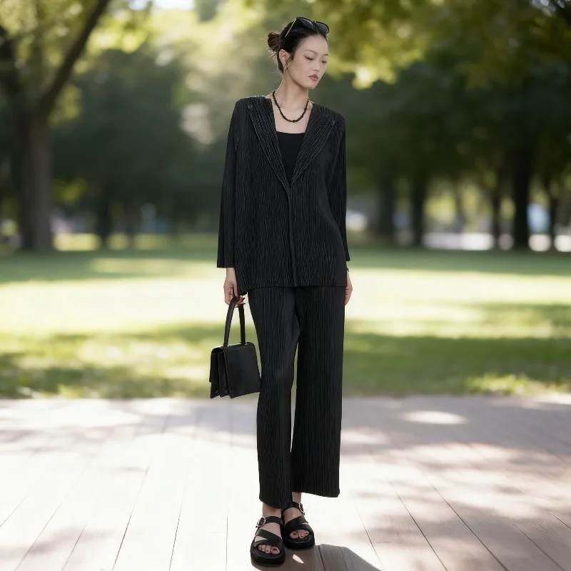 

Miyake Pleated Long-sleeved Top 2026 New Versatile Temperament Casual Career Commuter Jacket Stretch Pants 2-piece Set Woman