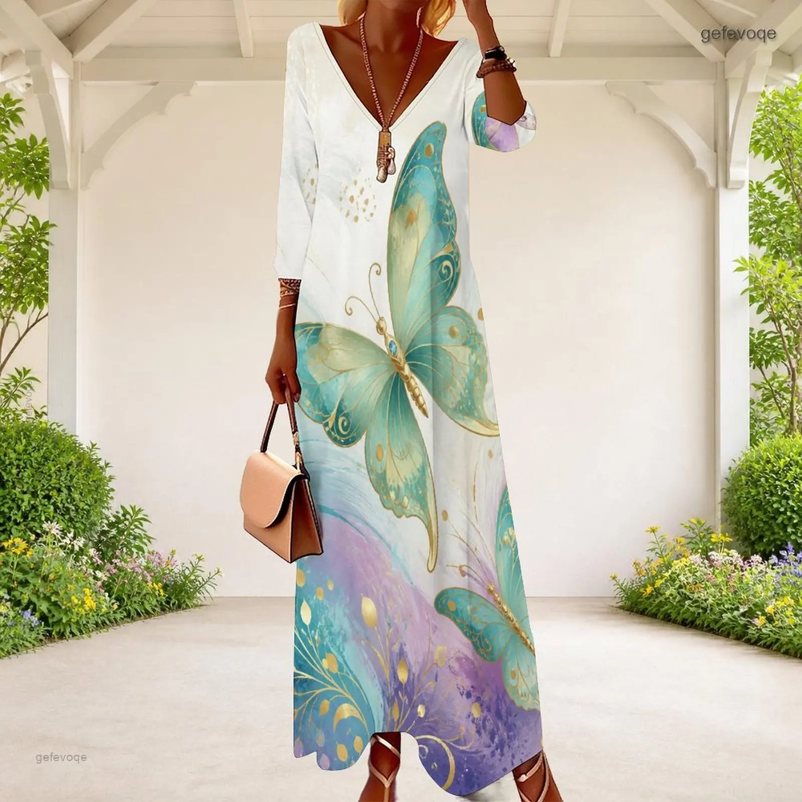 Women V Neck 3/4 Sleeve Long Dress, Printed Teal Gold Butterfly Pattern
