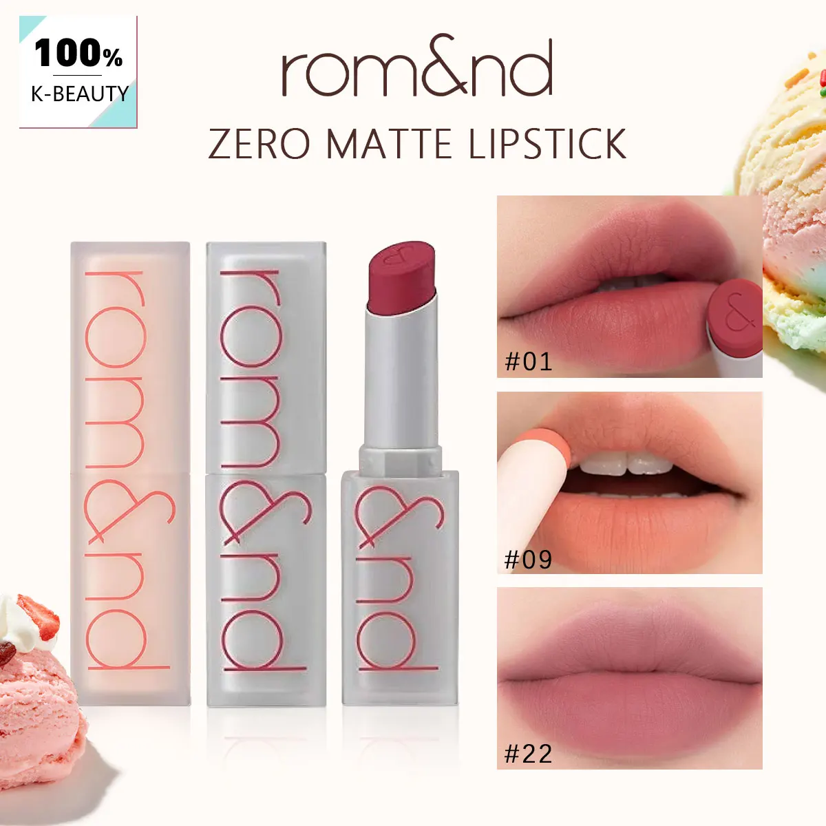 

rom&nd ZERO Matte LIPSTICK 01/09/22, Velvet Matte Finish, Rich Color Payoff, Muted Daily Tone, Korean Cosmetics, Korean Makeup