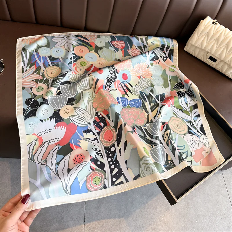2026 New Floral Printed Square Scarf For Women Imitation Silk Scarves Elegant Beach Shawl Wraps Bandanas Hijab Neckerchief view 4