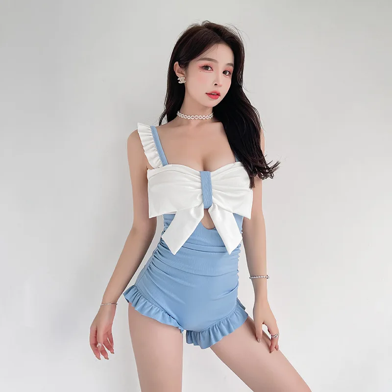 

Women's Swimsuit Light Large White Bow Front Cutout Ruffled Straps And Hem Tummy Control Cute Summer Beach Bathing Suit Swimwear