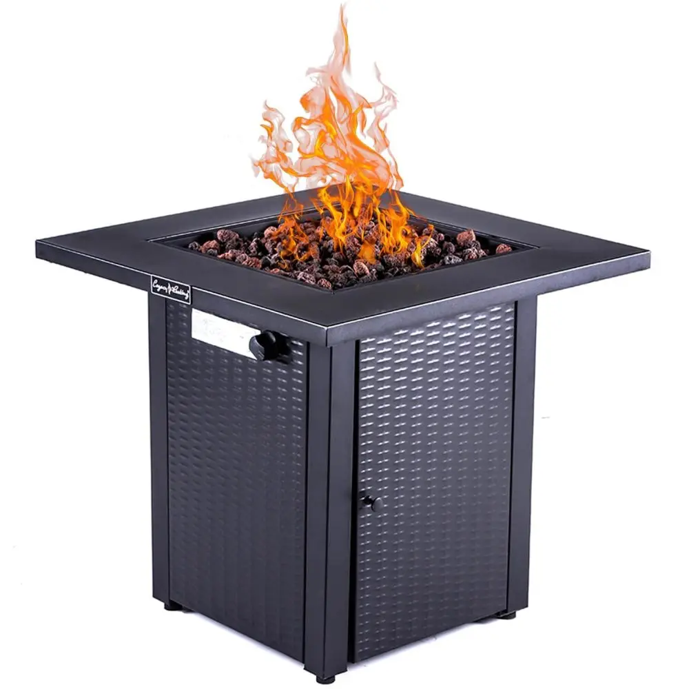 Mesa para fogones de propano para exteriores de 28 pulgadas, 50.000 BTU, mesa para fogones de comedor de gas exterior con tapa, ratán y aspecto de mimbre, piedra de lava