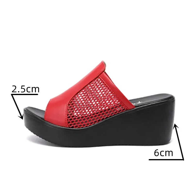 6cm Small Size 32-43 Breathable Mesh Leather Slippers Med Heels Shoes 2024 Summer Soft Leather Platform Wedges Slides Office Mom