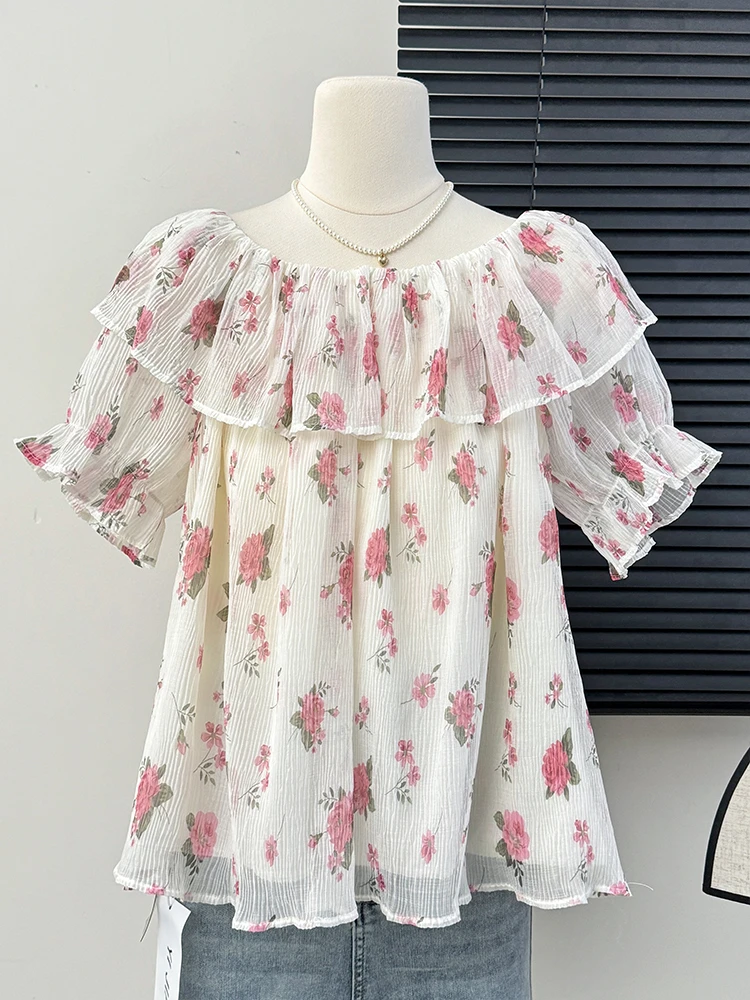 New One-word Collar Blouses Woman Plus Size Sweet Little Flower Female Shirt 2024 Spring Trendy Long Sleeve Tops