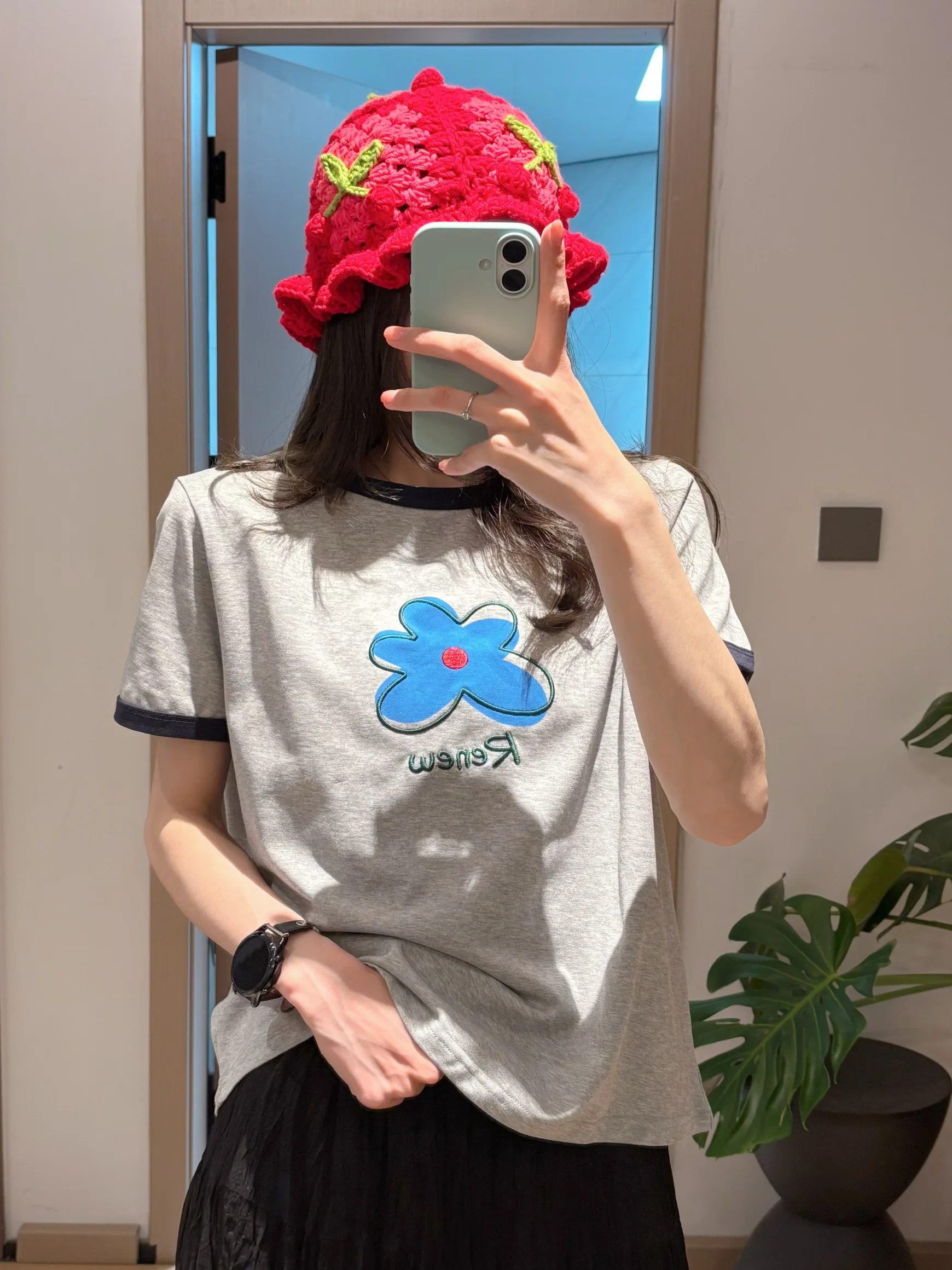  ROSE High Quality Cute Anti-Aging Korean Style Contrast Color Flower Print Short Sleeve T-Shirt Women Summer Casual Top