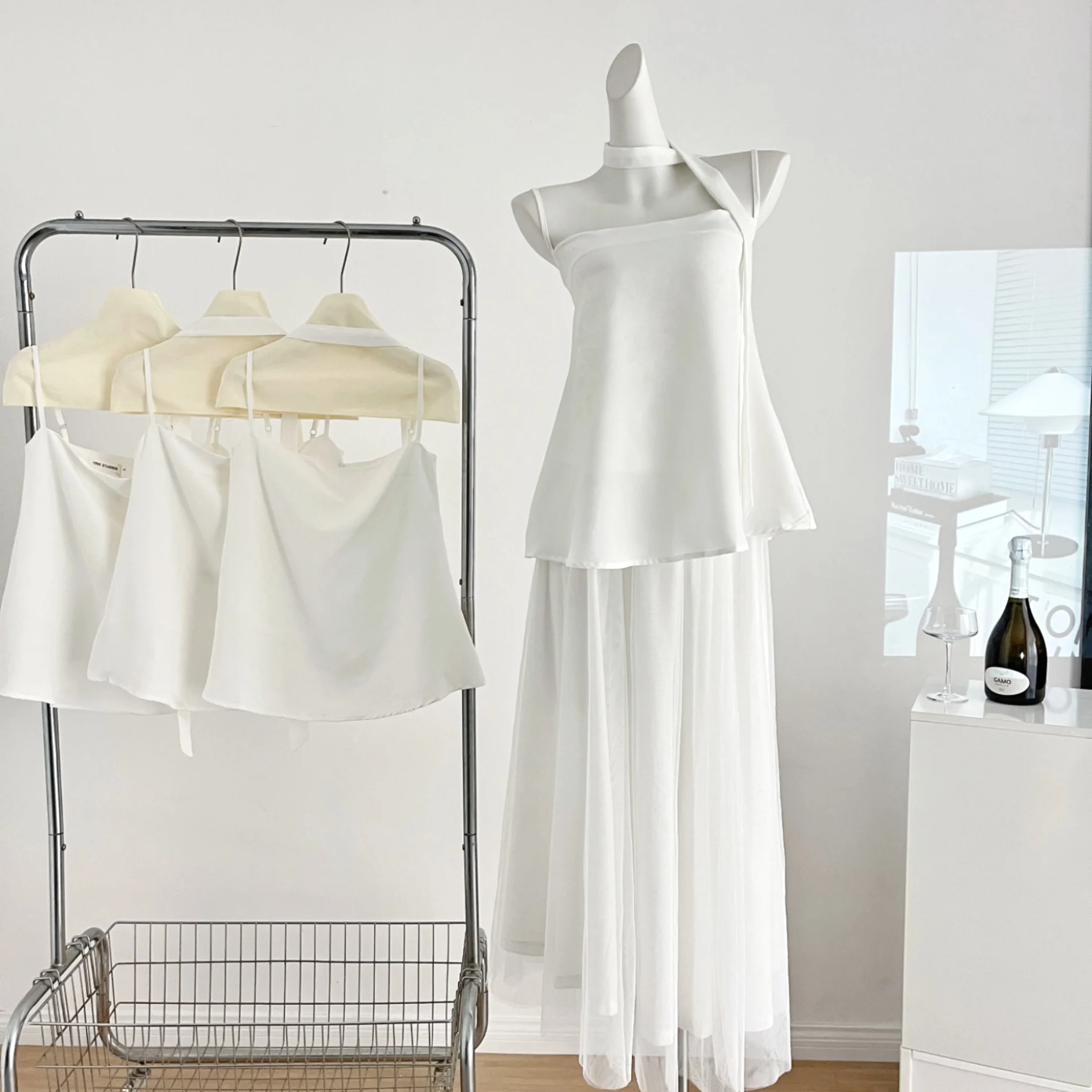 

French Style Suit Women's Spring Strap Chiffon Shirt High Waist A-line Gauze Skirt Two-piece Set Fashion Female Clothes