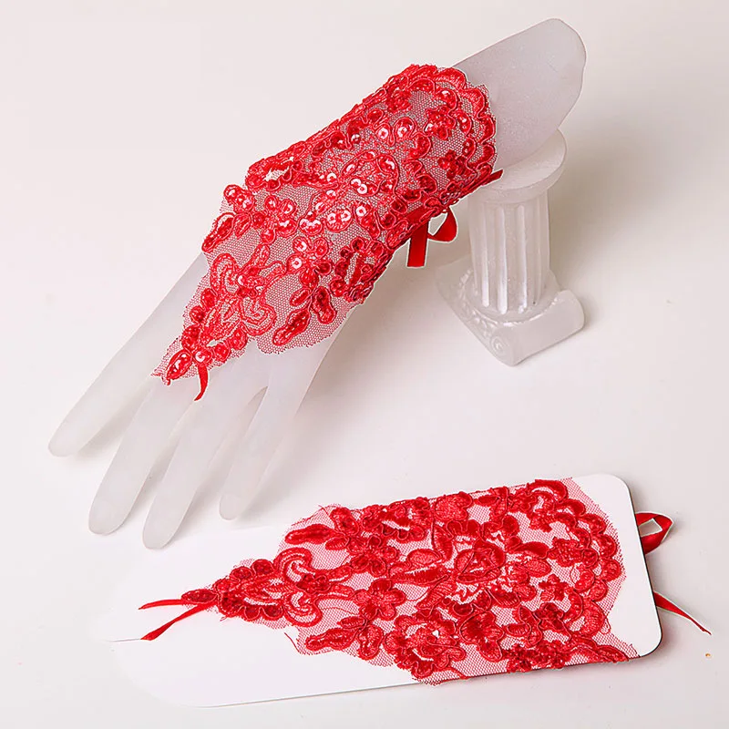 1 Paar weiße/rote/beige Brauthandschuhe, eleganter kurzer Absatz, Strass, weißer Spitzenhandschuh, schöne Hochzeitsaccessoires – Detail 9