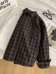 Checkered Shirt for Women Washed Cotton Brown Plaid Button Up Down Blouse Cardigan Auumn