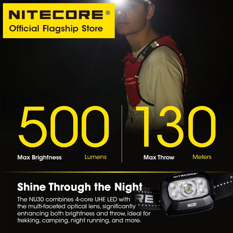 NITECORE NU30 USB-C Rechargeable Headlamp 500 Lumens Lightweight LED Headlight Work Light Built in 1500mAh Battery for Running