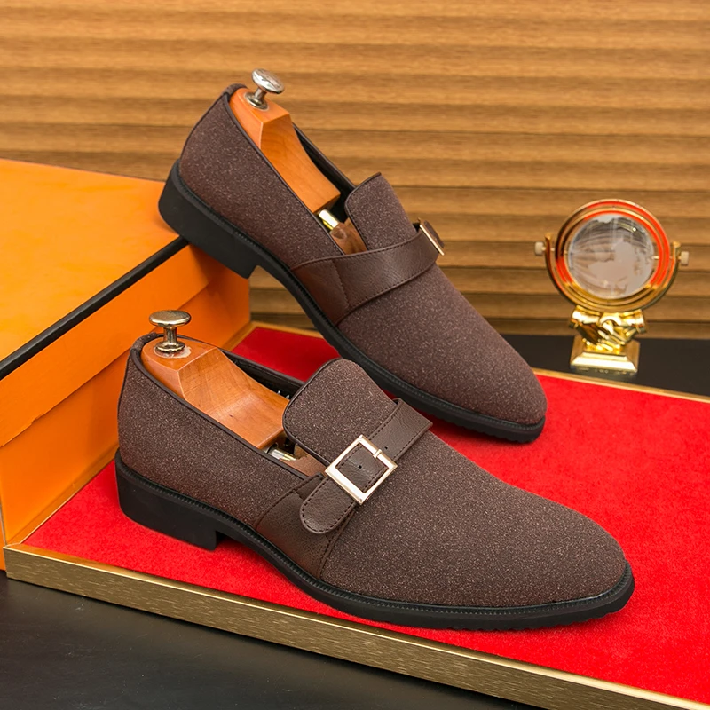 

Men Loafers Solid Color Fashionable Leather Single Buckle Pointed Low Heel Comfortable Business Casual Men Shoes