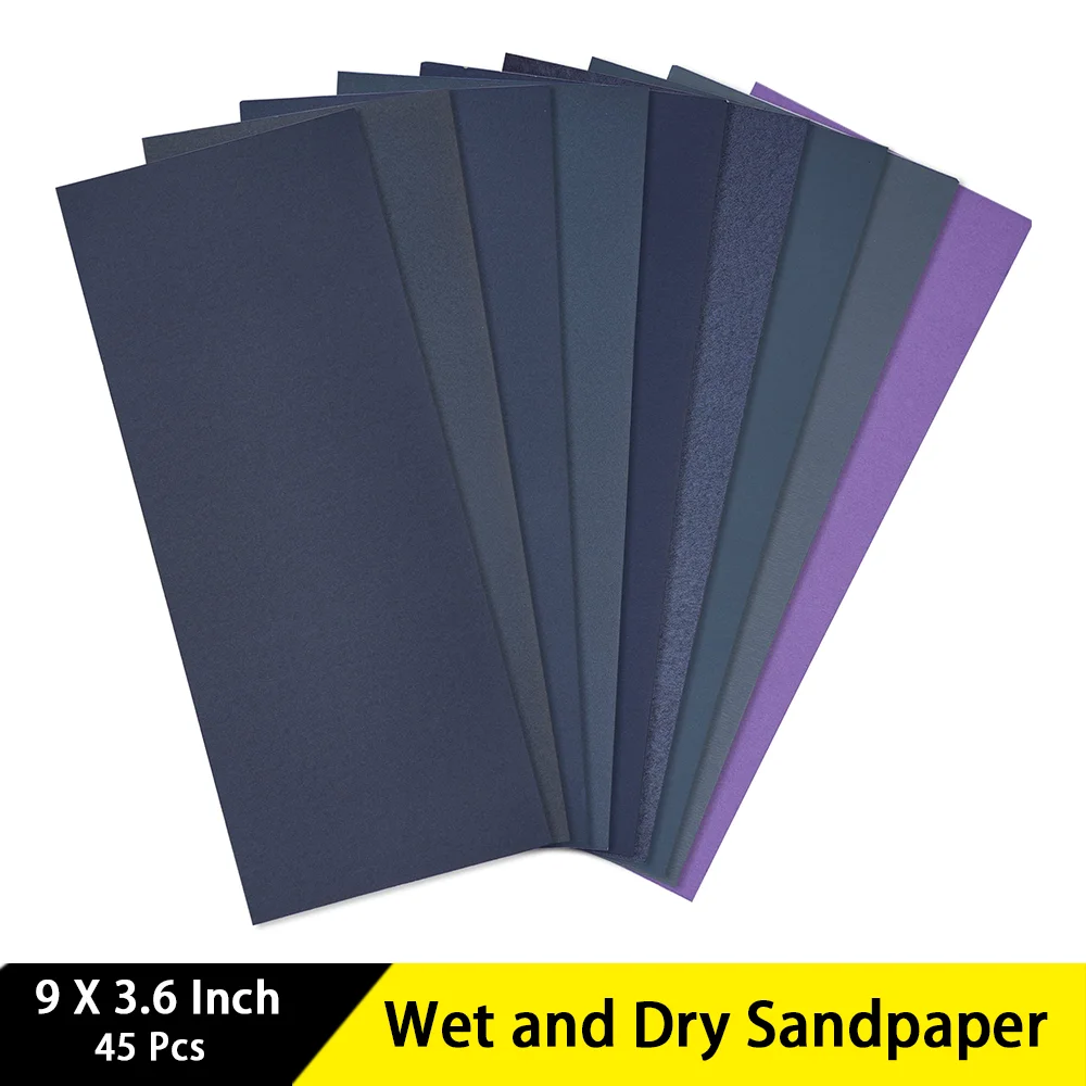 45Pcs Wet and Dry Sandpaper 9 X 3.6 Inch 400/600/800/1000/1200/1500/2000/2500/3000 Grit for Polishing Craft Artwork Wood Product