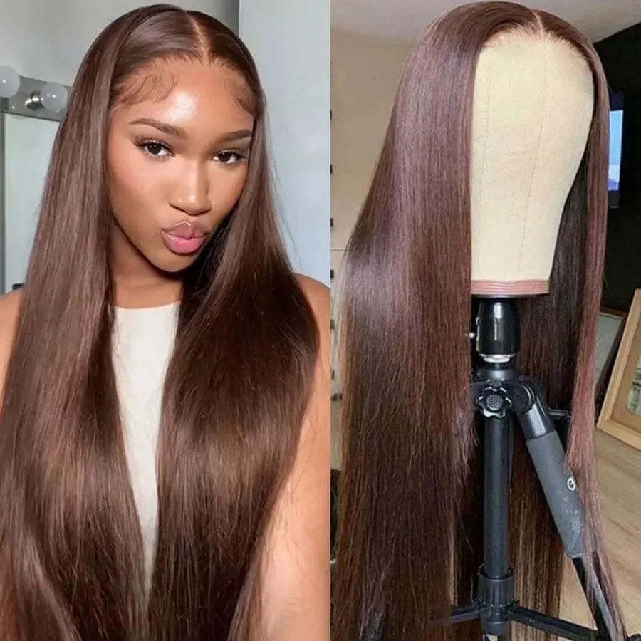 13x4 Chocolate Brown Colored HD Lace Front Human Hair Wigs Straight Human Hair Wigs HD Transparent 180% Lace Frontal Wigs