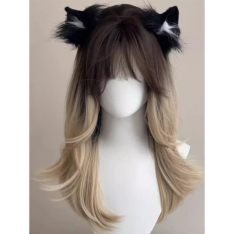 Synthetic Wig Headband Wig Big Waves Siamese Cat Gradient Long Curly Hair Air Bangs Imitation Full Real Human Hair Cosplay Wig