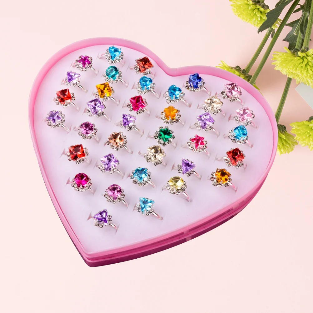 

36 Pcs Children Kids Rings Baby Toy Rings Diamond Rings Dress Up Pretend Play Rings with Love Box (Mixed Color)