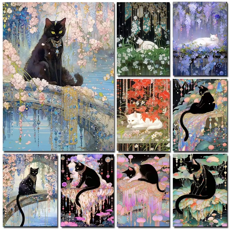 

2026 Black Cat and Flowers Design Oil Painting By Numbers DIY Kit for Home Decor Canvas Wall Art Gift Set