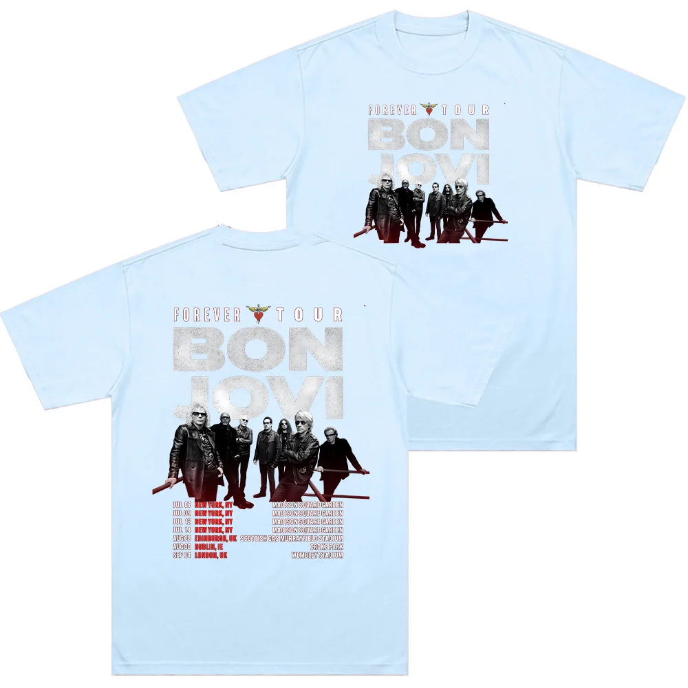 تي شيرت Bon Jovi Forever Tour تي شيرت رجالي مستدير تي شيرت نسائي قطني بأكمام قصيرة تي شيرت هدية فكرة ملابس خروج فضفاضة على الموضة