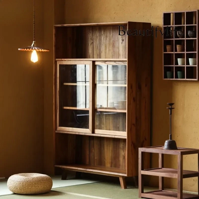 

muebles para hogar Japanese-Style Simple Solid Wood Sideboard Large Capacity Storage Transparent Glass Sliding Door Storage
