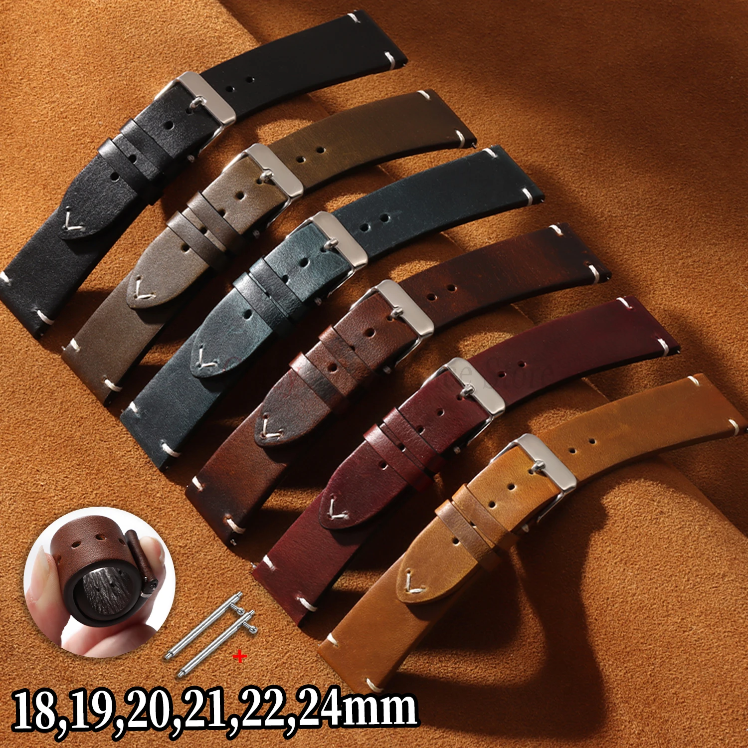 Bracelet de montre en cuir véritable rétro huilé et ciré 18mm 19mm 20mm 21mm 22mm 24mm à dégagement rapide, bracelet en cuir professionnel pour Seiko et Casio