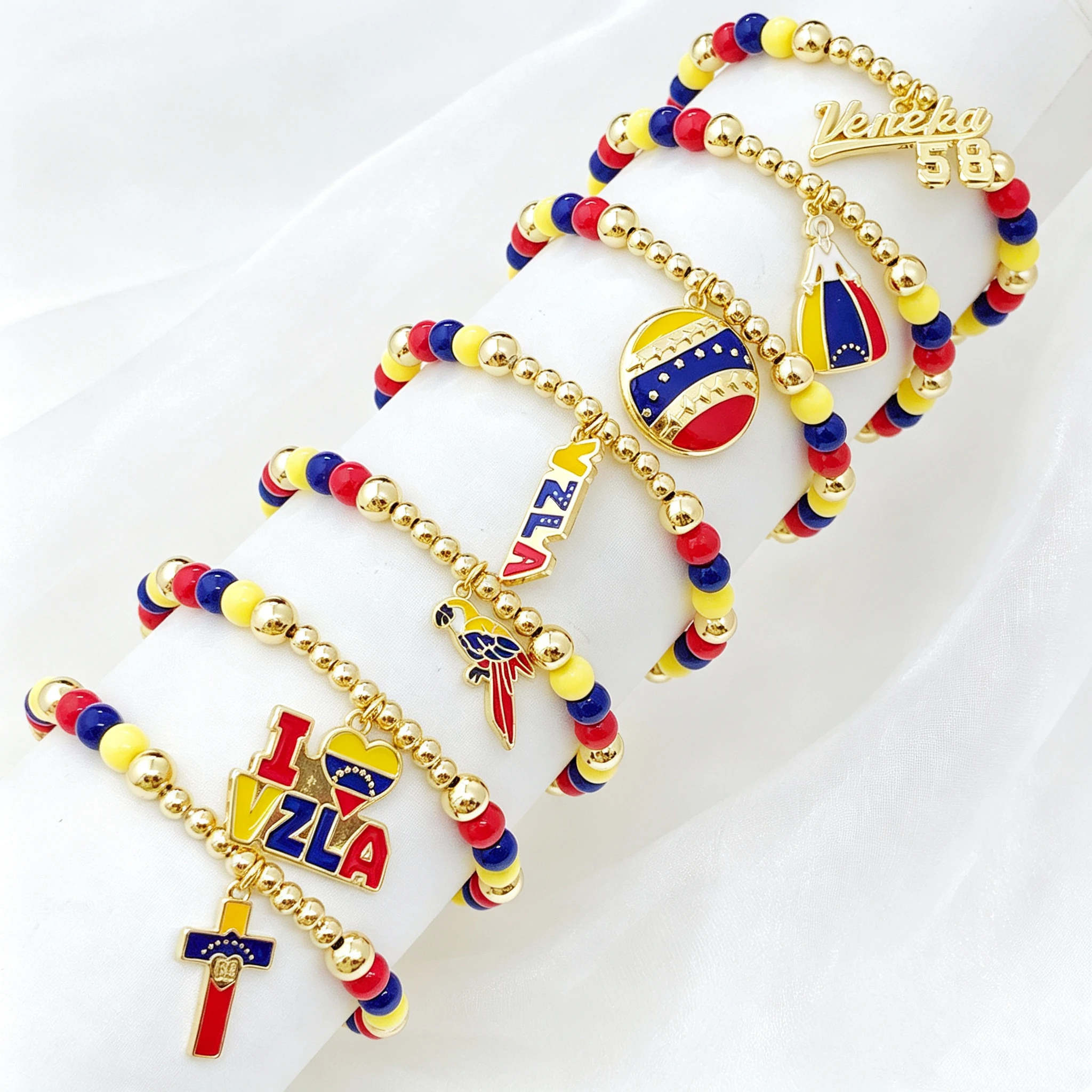 Venezuela Columbia Flag Cross VZLA Parrot Red Blue Yellow Beaded Stretch Bracelet Bangle Party Souvenir Jewelry For Men Women