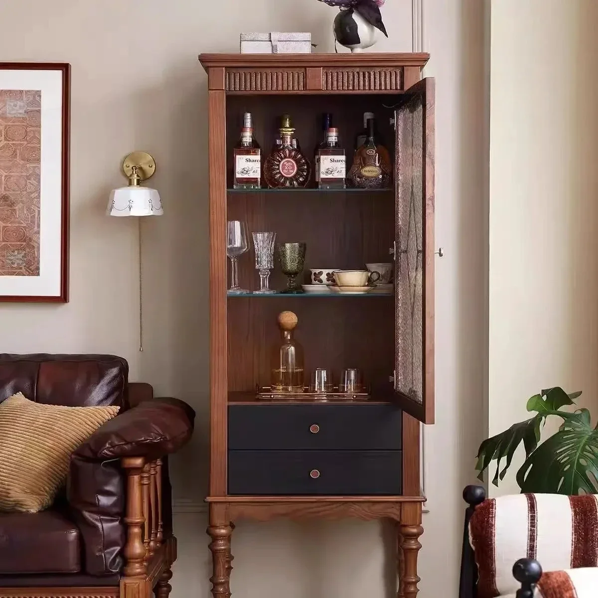 living room corner red oak locker corner cabinet antique color matching display cabinet solid wood corner storage cabinet