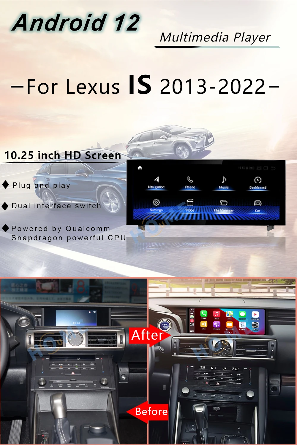 GPS Navigation Qualcomm Android 12 Car Multimedia Player CarPlay Auto Radio For Lexus IS 200 250 300 350 200t 300h 2013 - 2022