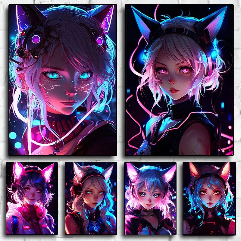 Pop Neon Elements Anime Cat Ears Girl Portrait Creative Posters Prints Canvas Printing Wall Art Picture for Bedroom Home Decor