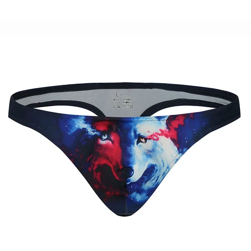 Men's Thong Sexy Low Waisted Wolf Animal Printed Underwear U-Convex Lingerie Briefs Tanga Slip Fashion Breathable Panties Man