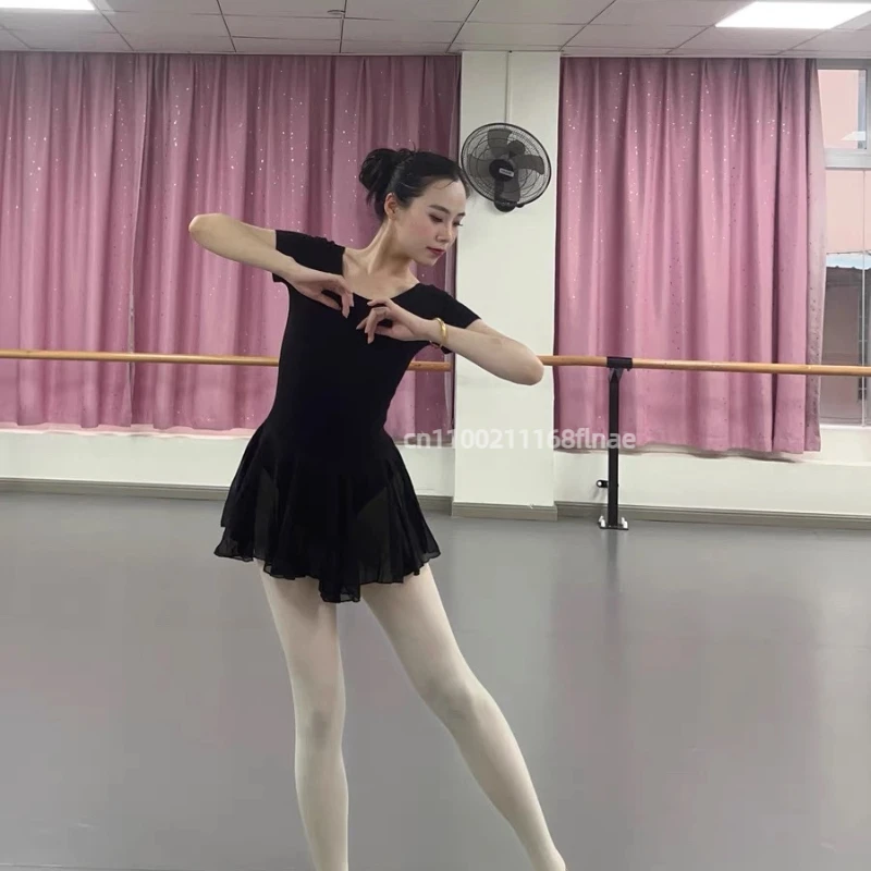 Jupe de Ballet en mousseline de coton pour femmes, robe à manches courtes pour adultes, Costume de spectacle de Ballet, danse, gymnastique