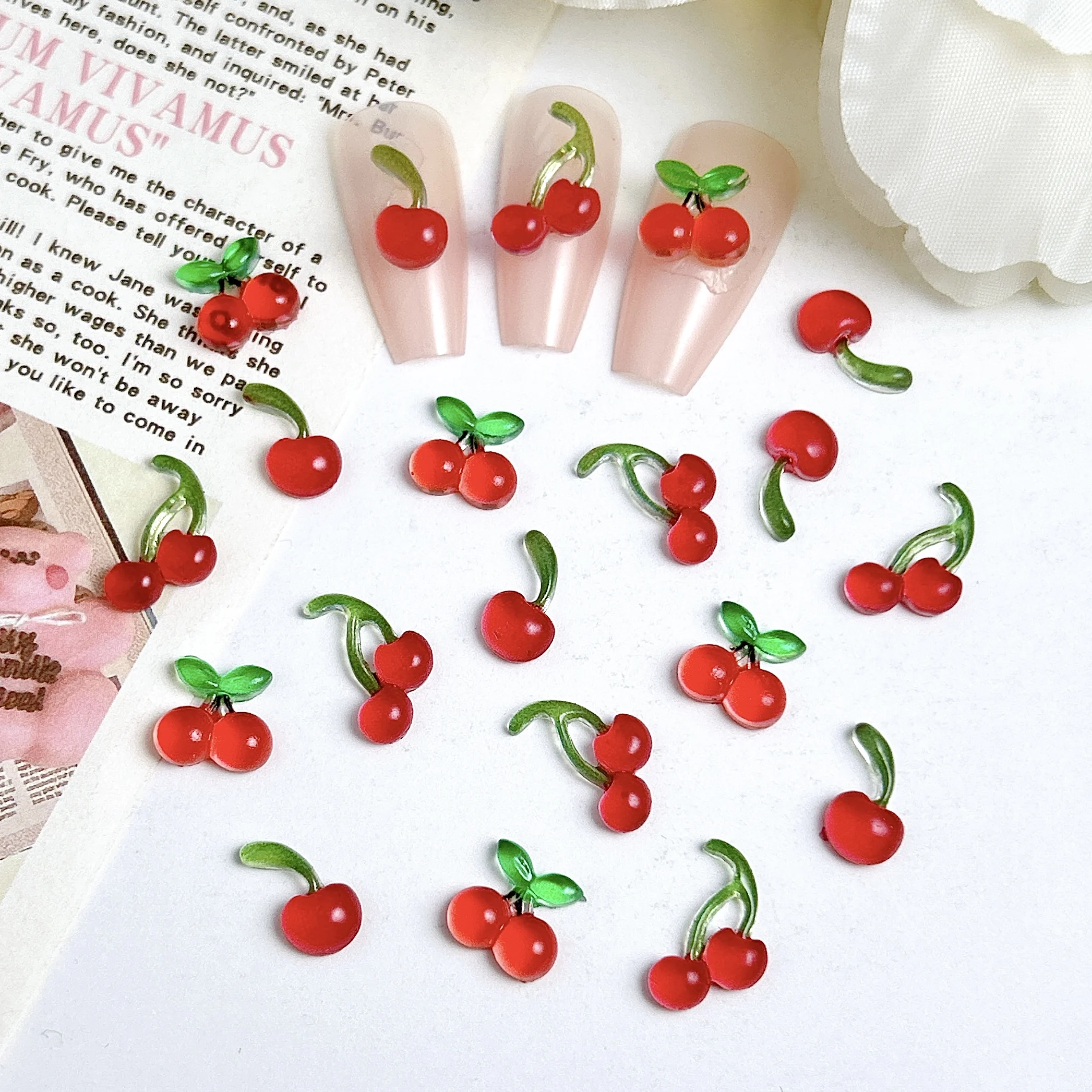 20PCS 3D Creative Simulated Cherry Nail Charms Ice Transparent Red Cherry Nail Art Decorations for DIY Nails Phone Case Nails