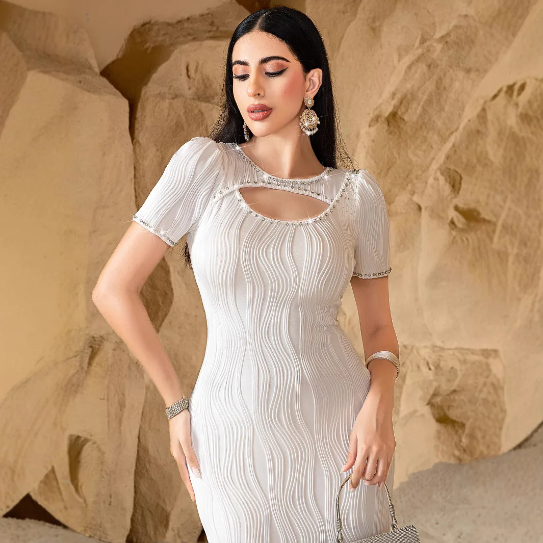 2025 Muslim Dress Women Dubai Abaya Short  Sleeve Diamond Evening Wedding Clothes Caftan Abaya Maxi White Dress Party Gown New