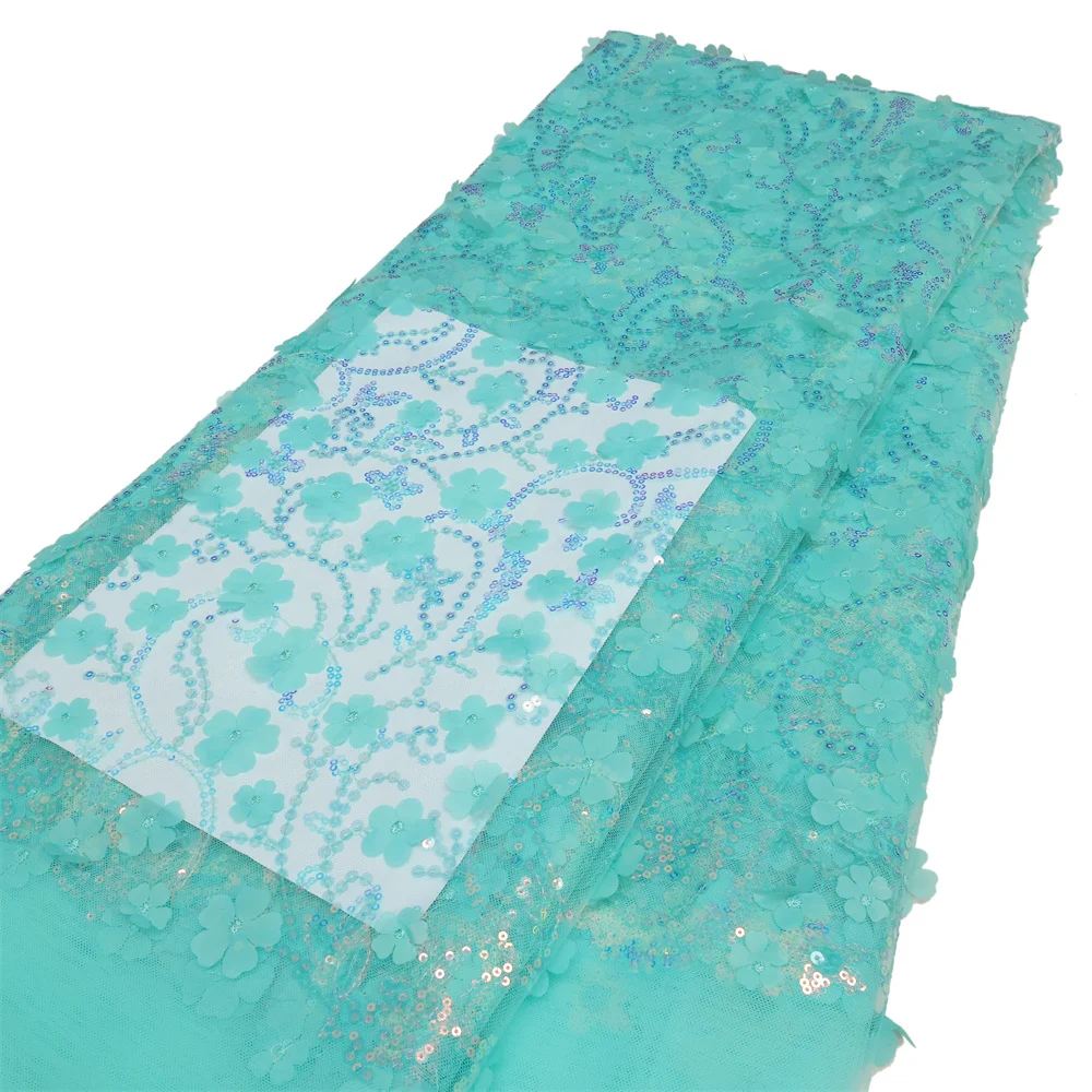 3D Flowers In blue French Lace Fabric 2024 High Quality Lace Net African Lace Fabric With Beads Lace Fabrics For Wedding