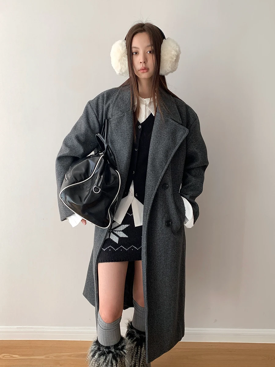 

Ambosc Classic Winter Long Sve Woolen Coat Double Breasted Notch Collar Soft Loose Fit Long Sle Women's Korean Faion
