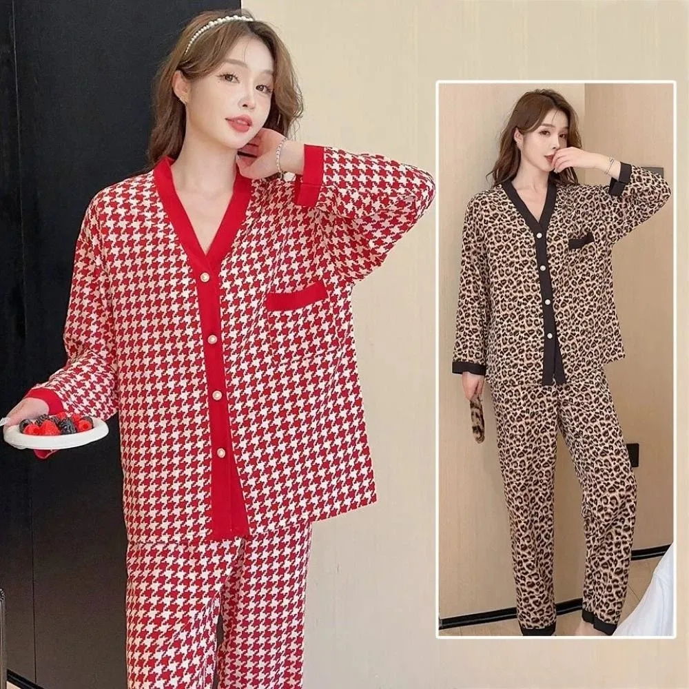 

Fashion V-neck Grid Pajamas Women Loose Homewear Leopard Sleepwear Set Casual Spring Autumn Long Sleeves Pajamas Home