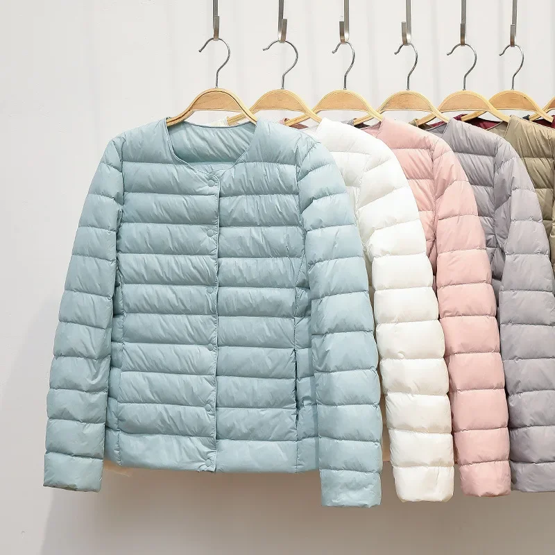 2024 novas mulheres jaqueta ultraleve sem gola pato para baixo casaco coreano portátil feminino acolchoado parkas o-pescoço puffer casaco