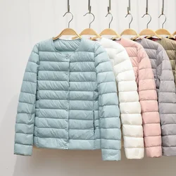 Chaqueta de plumón de pato ultraligera para mujer, abrigo coreano sin cuello, Parkas acolchadas portátiles, Abrigo acolchado con cuello redondo, novedad de 2024