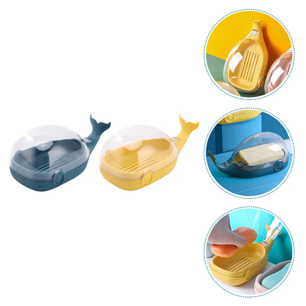 

2pcs Whale Shaped Pp Plastic Holder Yellow Blue Bathroom Tray Drainable Soap Storage Box Cartoon Toilet Soap Rack
