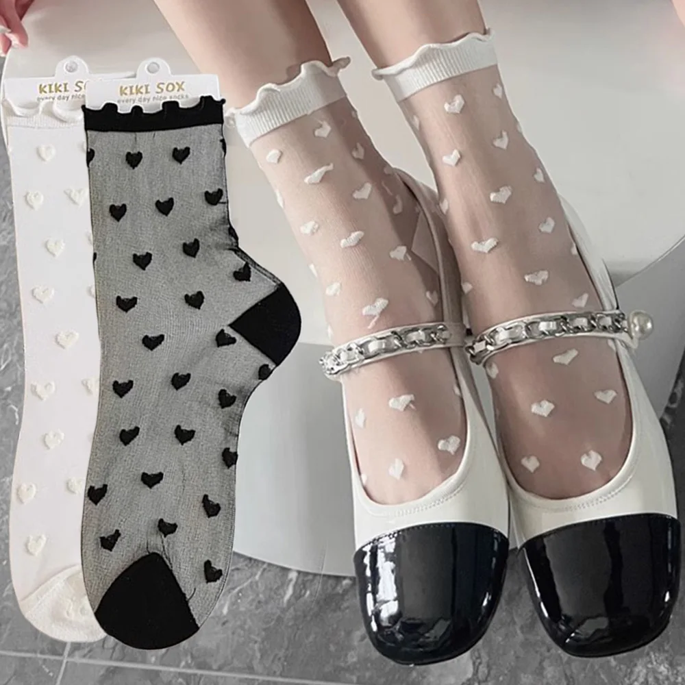 

Sweet Lolita Silk Lace Socks Cute Ruffled Love Heart Pattern Thin Socks Women Girls JK Mesh Crystal Transparent Black White Sock