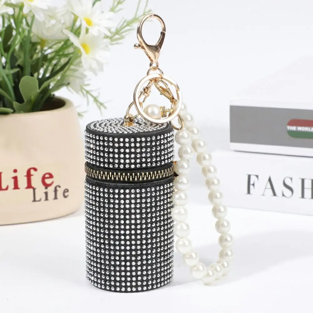 

Портативная сумка для губной помады со стразами и брелком на молнии, кошелек для монет, цилиндрическая мини-сумка для монет