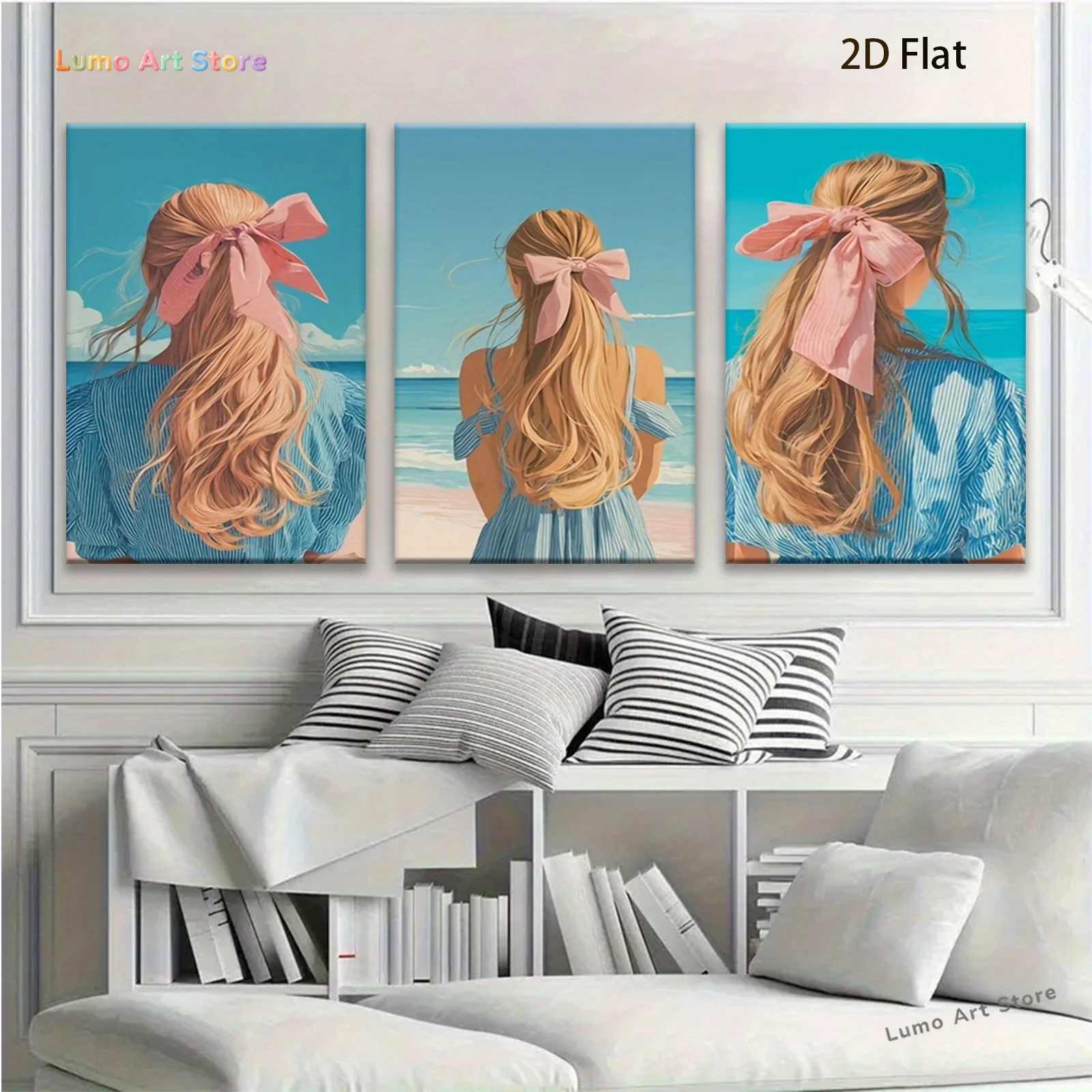 2D Flat, 2D Flat, 3pcs 2D Flat Pink Bowknot, Blue Dress And Ocean And Sky Wall Art | Canvas Poster, Romantic Design For Bedro